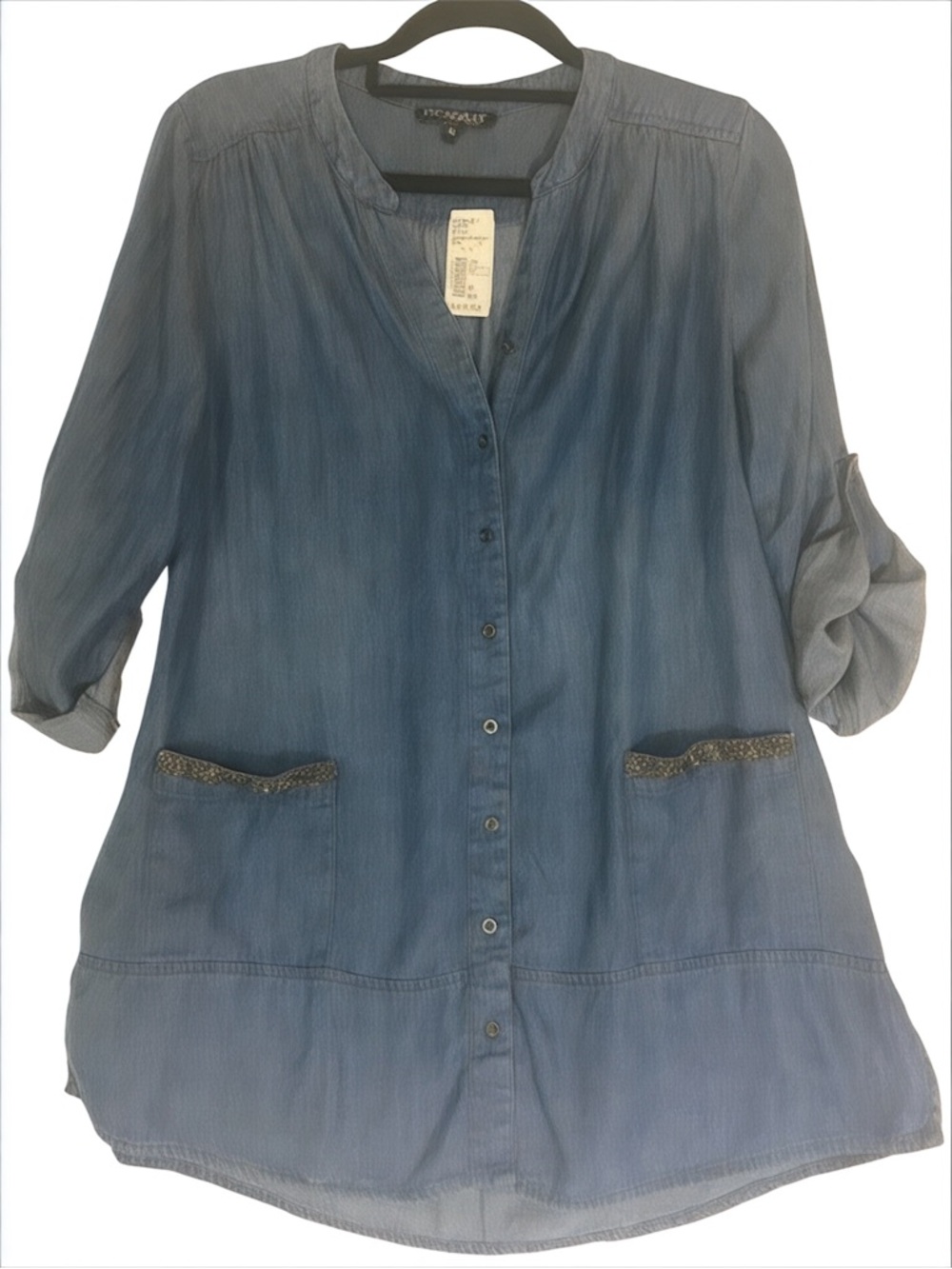 Picadilly Women’s Jean Tunic, Blue, Beaded details on pockets, 
Size 10